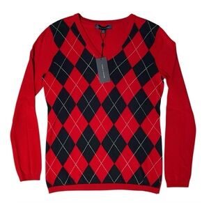 TOMMY HILFIGER Argyle Red Black Vneck Ivy Sweater Small